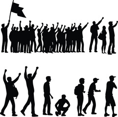 Fototapeta premium Crowd of Protesters and People Demonstrating Silhouette Set