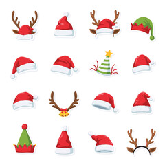 Set of christmas holiday accessories including santa hats, reindeer antlers, and elf hats isolated on a white background, for festive fun © MadhobiRani