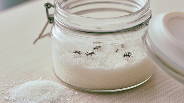 Ants exploring sugar inside a glass jar on a wooden table in a kitchen setting during daylight