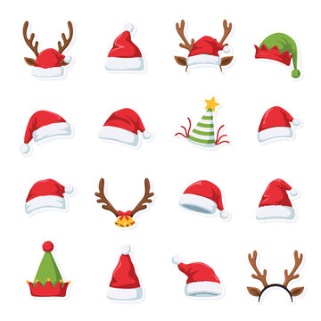 Set of christmas holiday accessories including santa hats, reindeer antlers, and elf hats isolated on a white background, for festive fun