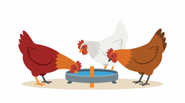 Three chickens, two brown and one white, are drinking water from a trough.
