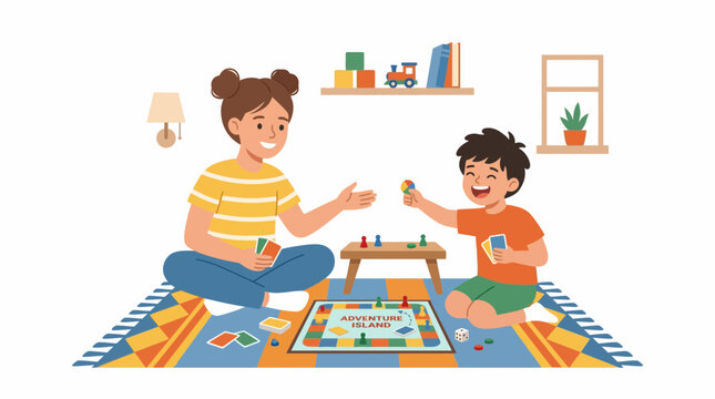 Two children are happily playing a board game together on a colorful rug, enjoying a fun indoor activity.