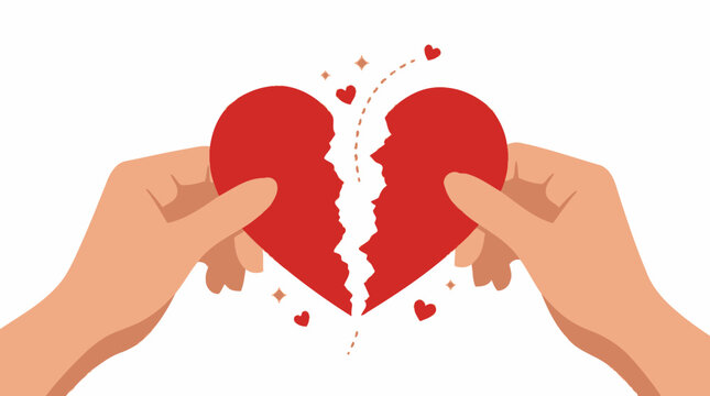 Two hands hold a broken red heart, symbolizing a relationship's end and emotional pain.