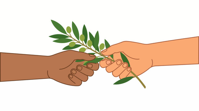 Two hands exchange an olive branch, symbolizing peace and unity between different people.