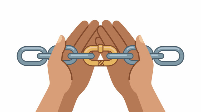 Two hands hold a metal chain, with one link highlighted in gold, symbolizing connection and strength.