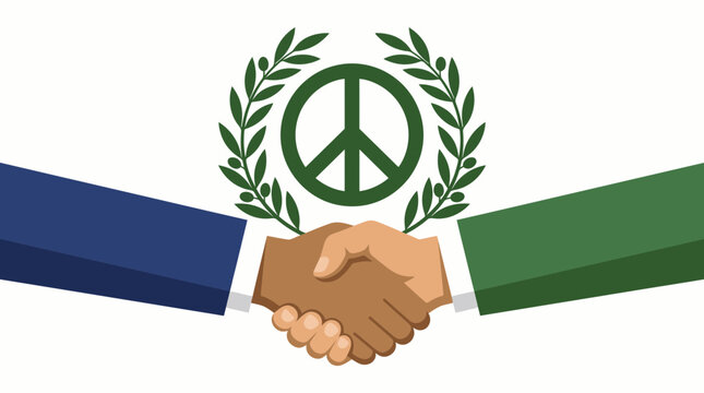 Two hands shake in agreement, symbolizing peace and cooperation, with a peace symbol and olive branches overhead.