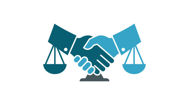 Two hands shake, symbolizing agreement and justice, with scales of justice on either side.