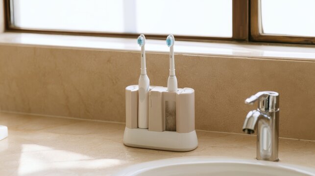 Electric toothbrushes are placed in a holder on a bathroom countertop near a sink and a window