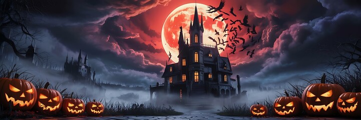 Naklejka premium Spooky haunted house with glowing pumpkins on a foggy Halloween night eerie landscape