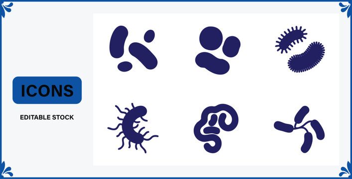 Collection of simplified scientific icons representing different shapes and forms of bacteria and microbes with detailed illustrations
