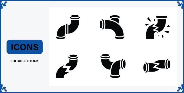 Collection of simple black pipe fitting icons showing different connections and damage including elbow joints and tees