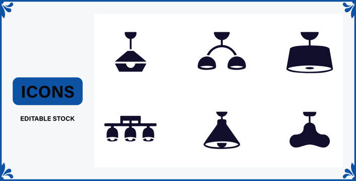 Collection of diverse ceiling light fixture icons for interior design and home decoration representing various lighting styles and shapes