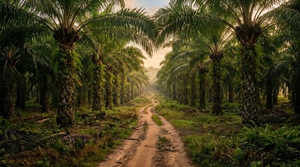 Fototapeta premium Dirt road pathway leading through a dense palm oil plantation forest