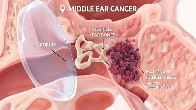 3D Anatomical Cross-Section Medical Illustration of Middle Ear Cancer, Labeled ENT Diagram Showing Eardrum, Auditory Ossicles and Invasive Malignant Cancer Cells Invading Ear Tissue, Otolaryngology Pa