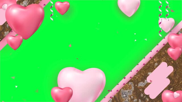 Romantic 3D Pink Hearts and Glittering Gold Marble Border overlay Loop on Chroma Key Green Screen Background