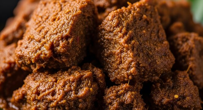 Close up of Indonesian beef rendang cooked in spicy coconut curry sauce