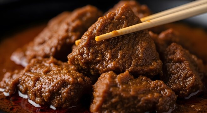 Delicious beef rendang curry being picked up with chopsticks in close-up