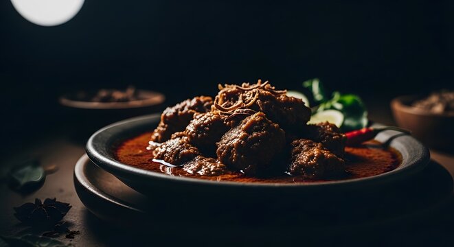 Delicious beef rendang curry served in a dark ceramic bowl for dinner