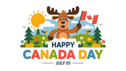 Fototapeta premium Moose holding canadian flag on canada day with colorful text