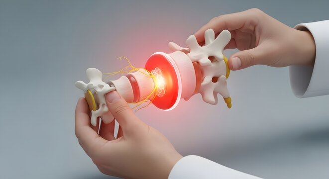 Medical specialist holding a spine disc model. Healthcare treatment and spinal surgery education. Physician hands showcasing a lumbar vertebrae disc with a highlighted injury