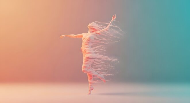 Human silhouette dissolving into light particles. Transformation and digital existence concepts. Person in a graceful pose fading into colorful glowing dust