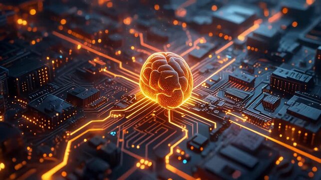 Glowing orange brain on a dark circuit board