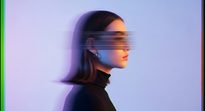 Digital profile of a woman with motion blur. Cyber identity and technological distortion. Young woman side view with glitch effects and neon lighting