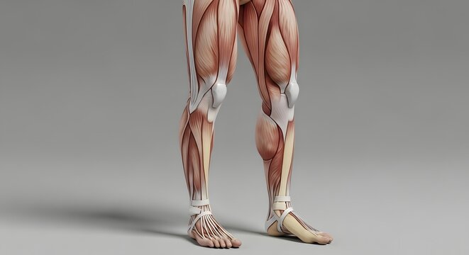 Detailed anatomical model of human leg muscles. Sports medicine and physical fitness education. Muscular structure of the lower limbs on a neutral background