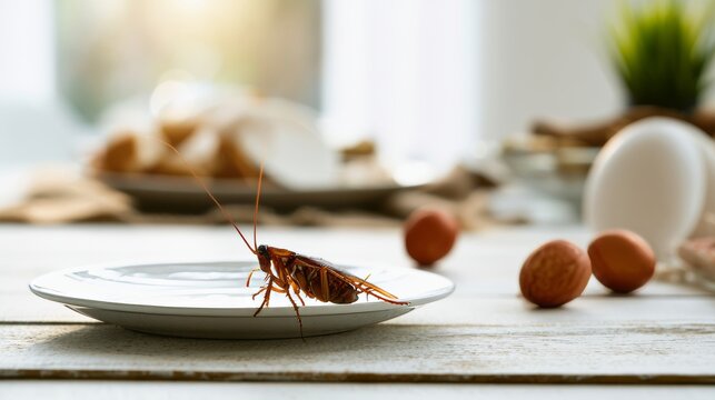 Cockroach on white plate with food items on wooden table during daylight hours