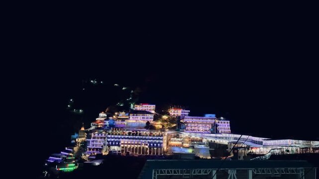 Night View of Vaishno Devi Shrine brightly lit amidst the Himalayan landscape, attracting thousands of pilgrims throughout the year.