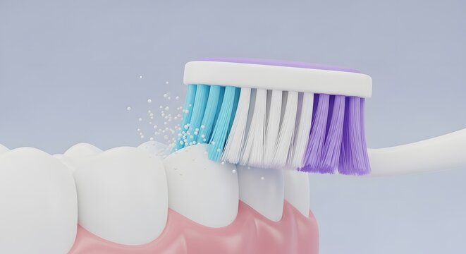 Oral hygiene and dental care routine. Tooth protection and cavity prevention. Toothbrush cleaning teeth with small bubbles representing cleaning and freshness