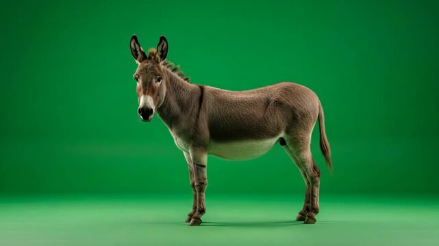 A side profile of a brown donkey standing against a vibrant green background