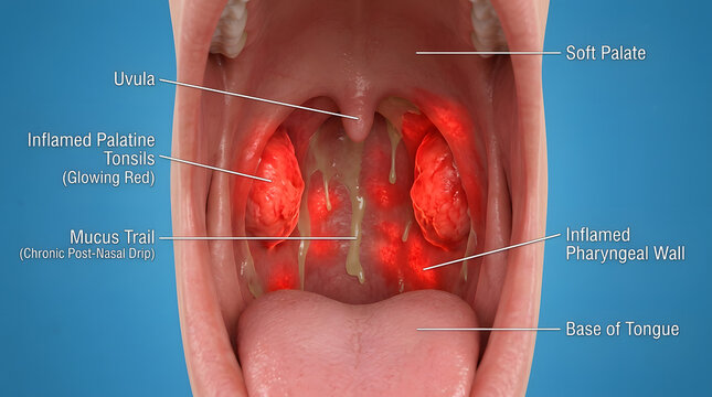 Medical illustration of inflamed tonsils and pharyngeal wall