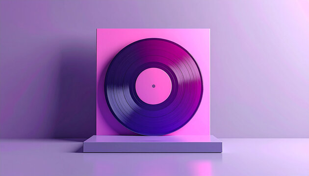 Minimalist 3D Render of a Vinyl Record on a Purple Platform with Pink Background in Synthwave Style