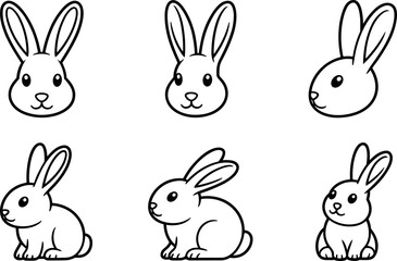 Fototapeta premium Cute cartoon rabbit and bunny line art icons set featuring happy baby animal faces and sitting profile poses vector.