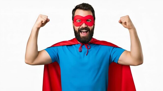 A bearded man dressed as a superhero flexing his muscles with excitement