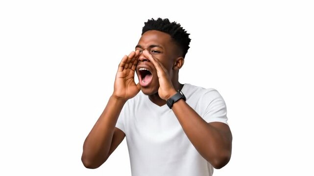 A young african american man yelling loudly with hands cupped around mouth