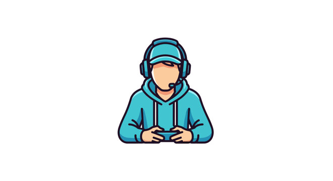 Young gamer wearing headset and hoodie.