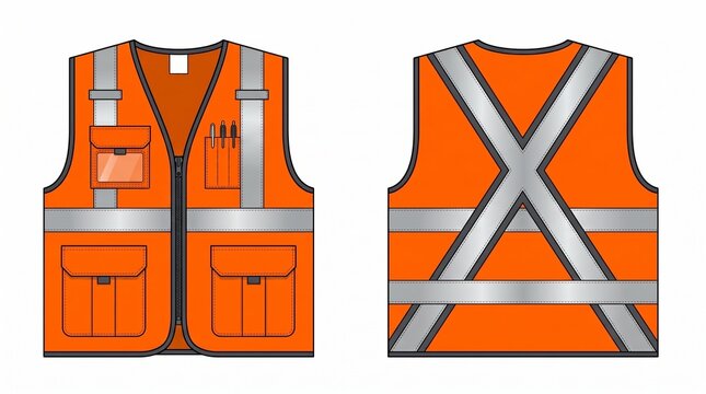 Orange High Visibility Reflective Safety Vest Technical Drawing - Front and Back View Workwear Illustration