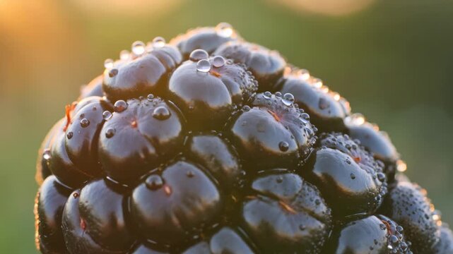 Ripe organic blackberry with fresh morning dew shining in the sunrise light, extreme close-up view showing the drupelets and detailed texture of the juicy fruit