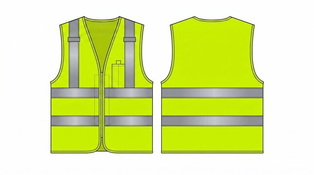 High-Visibility Reflective Safety Vest Technical Sketch Front and Back View - Fluorescent Yellow PPE