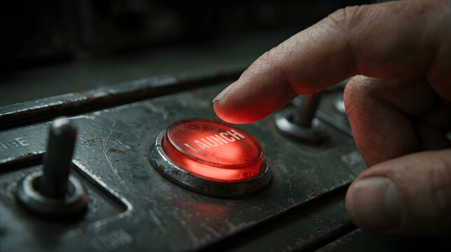 Finger pressing red launch button on control panel