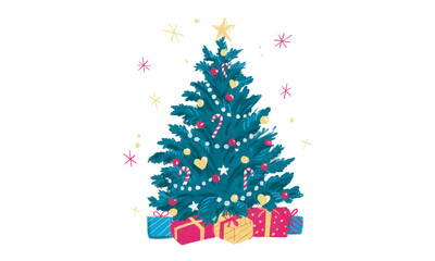 Fototapeta premium Colorful Christmas tree with gifts and decorations