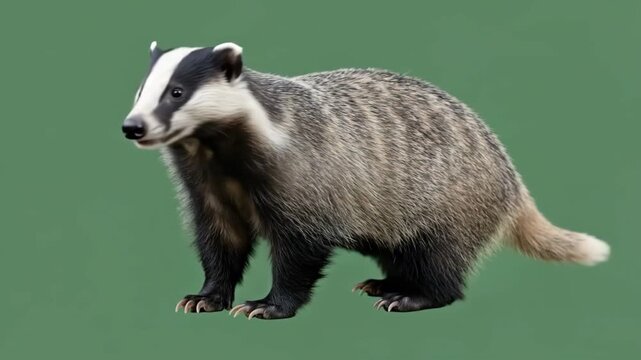 A side view of a european badger standing against a solid green background