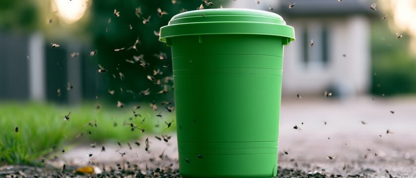 Green trash bin on a sidewalk surrounded by flying insects in a residential area during daylight hours