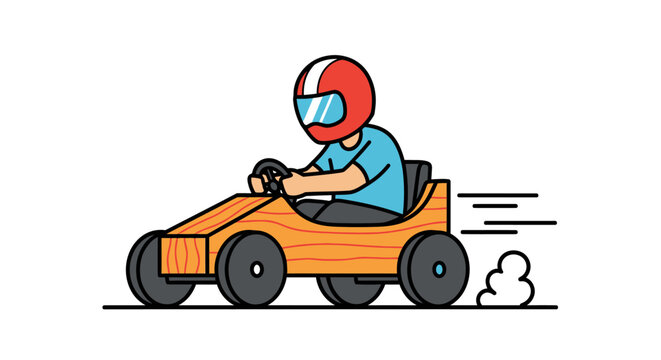 Person racing vintage wooden go kart.