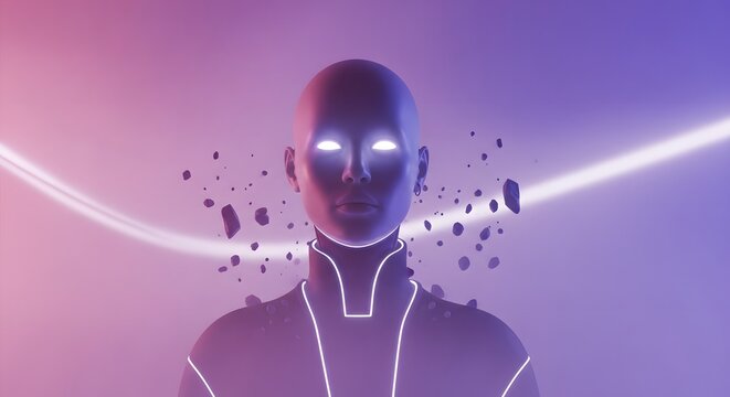 Human-like figure with glowing eyes and floating debris. Sci-fi atmosphere and artificial intelligence concept. Mysterious entity in a dark and dreamlike space