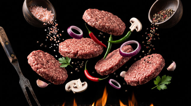 Raw beef burger patties with spices, vegetables, and herbs falling over a grill with fire