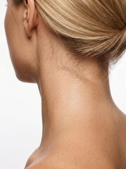 Fototapeta premium Close Up Back View of Blonde Woman Nape and Neck with Low Ponytail, Glowing Tanned Smooth Skin Texture, Luxury Neck Care Body Skincare Beauty Concept, Clean Minimal Aesthetic Wellness Photography