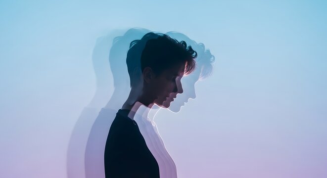 Human identity and psychological duality. Mental health and self reflection concepts. Person with multiple exposure profile silhouette showing shifting states